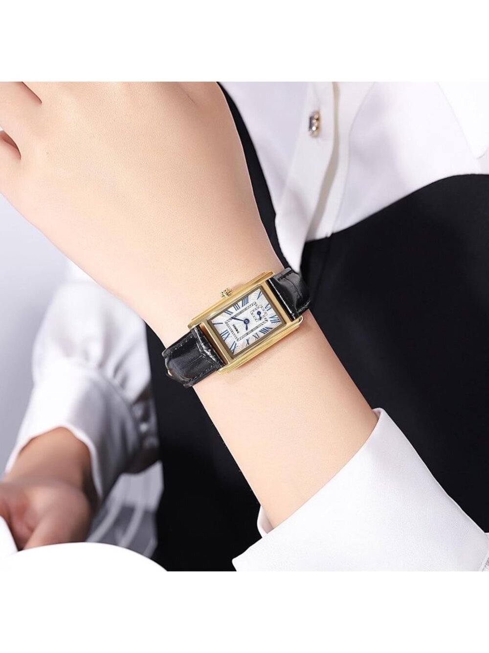 Women's Black And Gold Analog Ultra-Thin Rectangle Vintage Square Wrist Watch - Picture 4 of 6